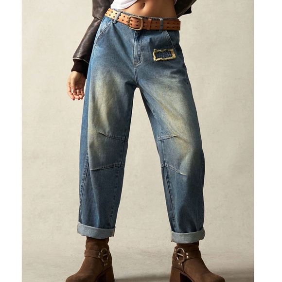 Medium Wash Patch Cuff Denim Jeans - Picture 1 of 7